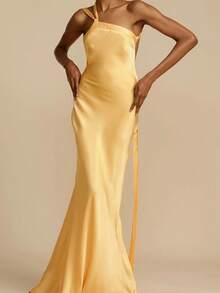 Vestido largo con bordado floral espalda descubierta y lazos cruzados elegante - Amarillo - Ver 6