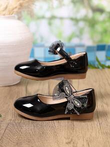 1 Pair New Girls' Solid Color Princess Mary Jane Shoes With Mesh, Rhinestones And Butterfly Decor, Soft Sole Anti-Slip Ballet Shoes For Spring/Autumn, Suitable For Performance And Matching With Dresses - Black - View 2