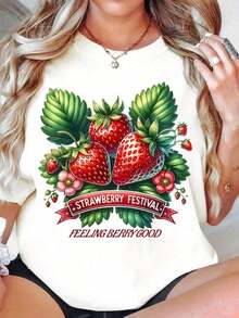 Women's Summer T-Shirt, Vintage Style, Strawberry Print, Fruit Graphic Design, Casual Top For Women, Festive Clothes For Strawberry Season, Fashionable And Comfortable - 白色 - 查看 1