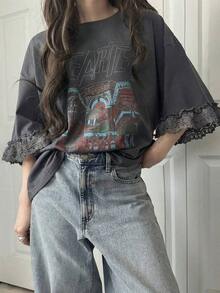 Camiseta de manga corta para mujer con ajuste holgado, estampado de letras, parches de encaje, de mezcla de algodón transpirable, versátil para primavera/verano - Gris Oscuro - Ver 1