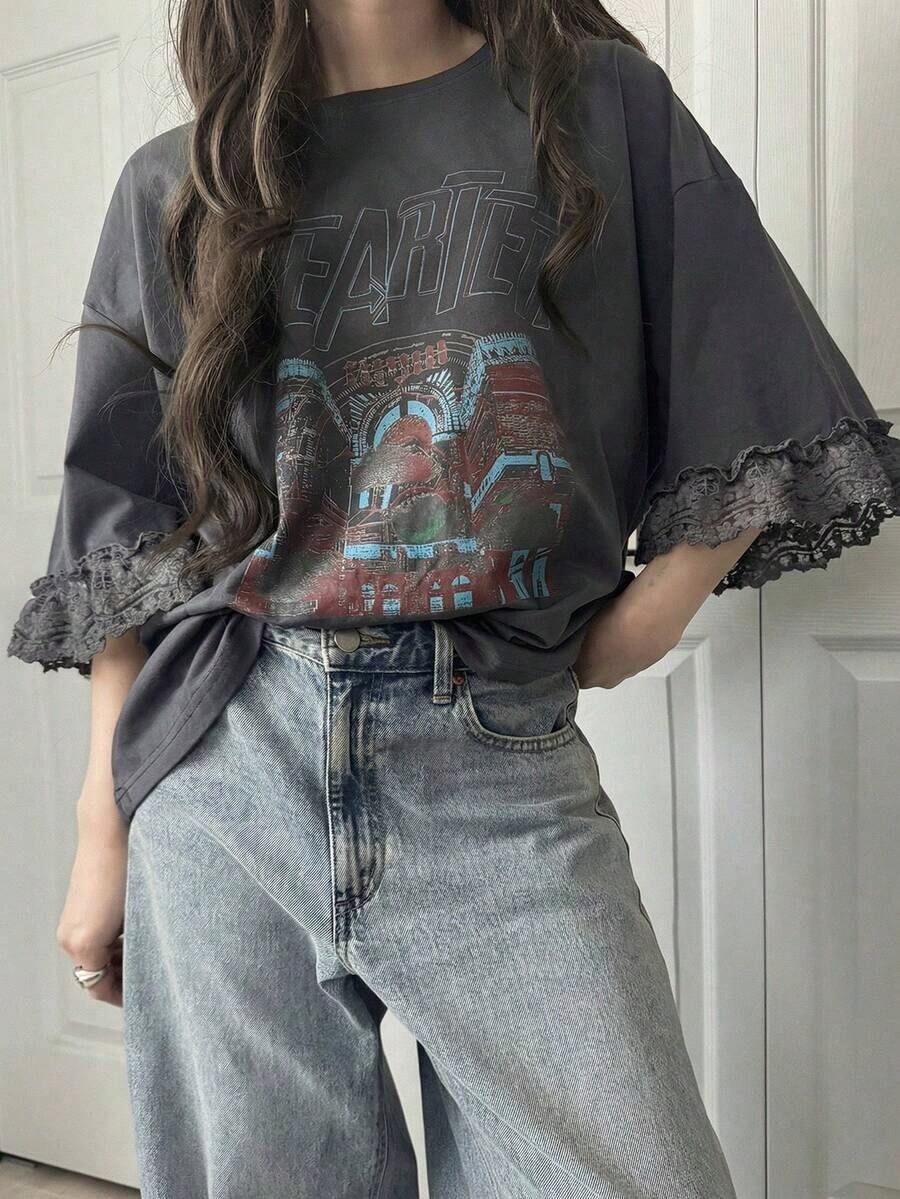Camiseta de manga corta para mujer con ajuste holgado, estampado de letras, parches de encaje, de mezcla de algodón transpirable, versátil para primavera/verano - Gris Oscuro - Ver 1
