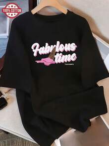 Camiseta de Mujer: Camiseta de Verano Moderna de Algodón Puro, Cuello Redondo Holgado, Ropa Versátil para Mujer, Camiseta Casual Cómoda para Adolescentes, Tops de Manga Corta Vibrantes y Juveniles para Uso Diario. - Negro - Ver 1