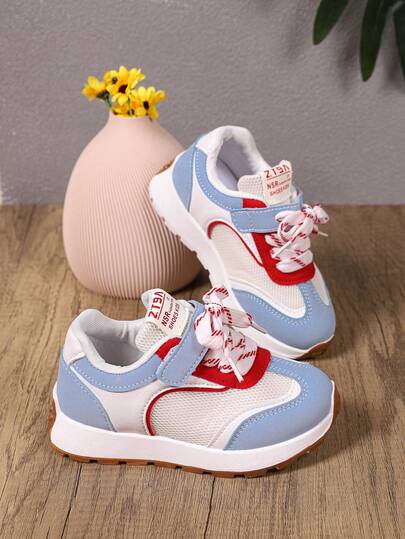 Girls' Retro Blue & Red Patchwork Mesh Casual Sports Shoes, Children Soft Bottom Non-Slip Breathable Flat Running Shoes, Suitable For Daily Wear And Outdoor Activities, Spring & Autumn