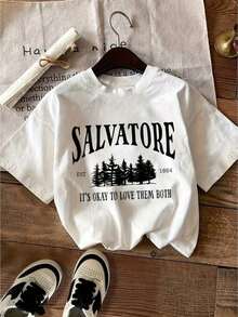 Una camiseta de manga corta para mujer, informal, cómoda y suave, de corte holgado, adecuada para actividades al aire libre en primavera y verano, con estampado "SALVATORE EST 1864", moderna, de manga corta y cuello redondo, ropa de mujer.blusas para mujer,blusas casuales para dama,tops,, mujer premium,y2k,playeras de mujer curvy,ofertas y liquidaciones ropa mujer,playeras deportivas para mujer,,playeras de hombre, mujer,blusas>elegante 1UZB Blusas Bonito 100% Cotton - Blanco - Ver 8