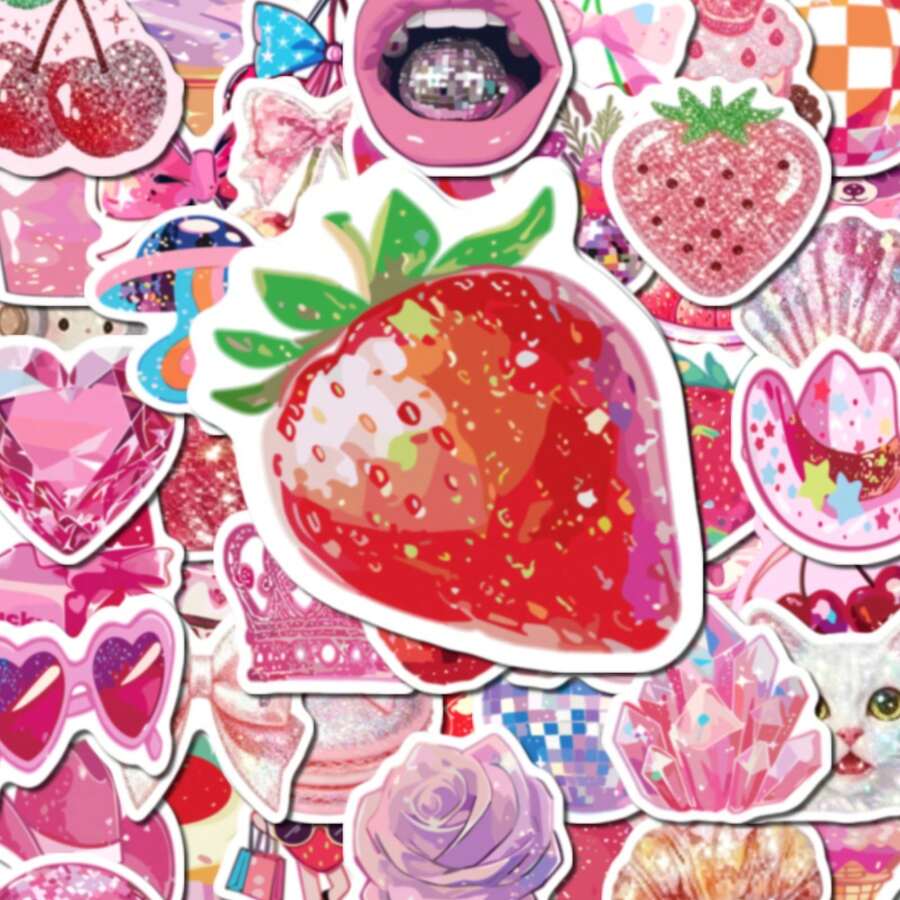 50pcs Cute Summer Pink Girl Stickers, Shiny Strawberry & Cherry Stickers Suitable For Teens, Water Bottles, Laptops, Phone Cases, Gift Packaging, Room Decor - 1 Set - View 1