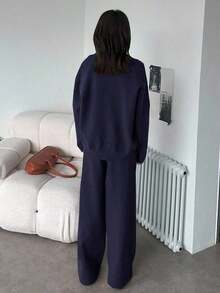 Conjunto de 2 piezas de suéter holgado de cuello vuelto de unicolor y pantalones de pierna ancha para mujer, otoño - Azul marino - Ver 2