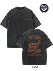 Camiseta vintage de fe cristiana de 230 g para hombre y mujer - Diseño con versículo bíblico "Gloria de Dios", que presenta el Salmo 23 y un motivo de ciervo, estilo streetwear holgado con hombros caídos, ropa casual unisex de algodón lavado color beige, camiseta vintage creativa con estampado a doble cara, adecuada tanto para hombres como para mujeres, cómoda para todas las estaciones, lavable a máquina, ropa diaria fácil de llevar. - Negro - Ver 7