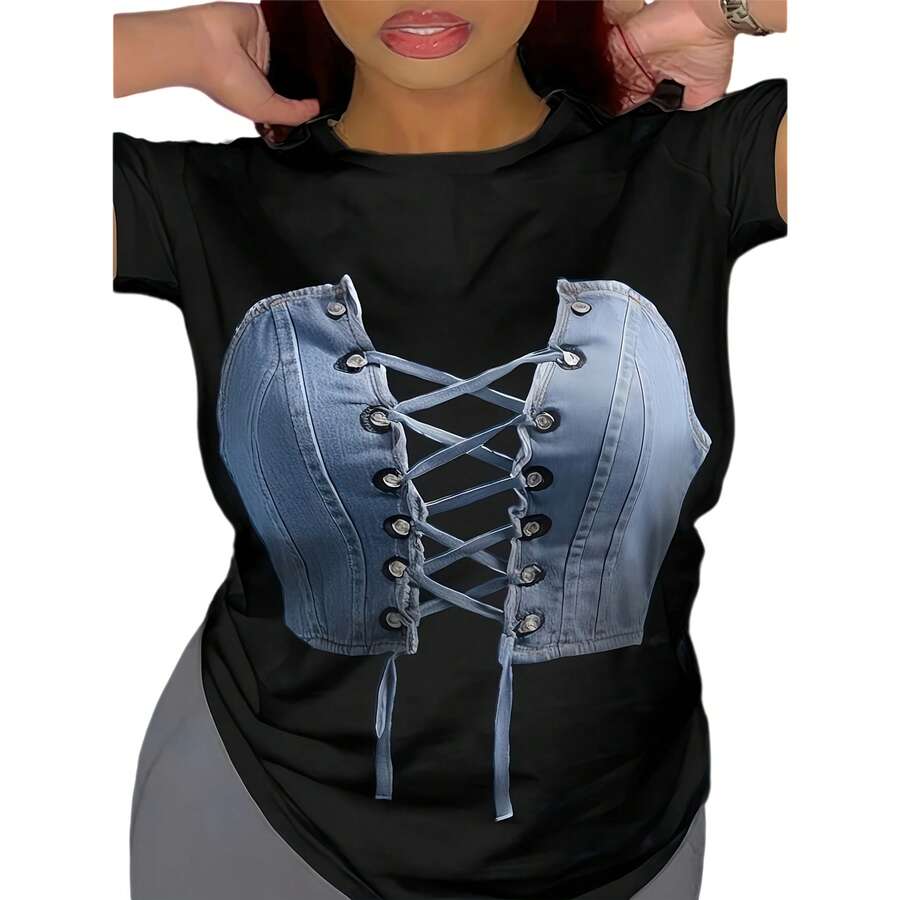 Camiseta negra de manga corta para mujer, estilo casual y sexy, con estampado de corsé vaquero falso, de largo regular y tejido de punto. - Negro - Ver 1