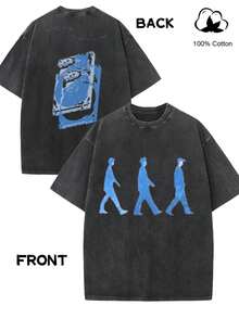 Camiseta de moda para mujer con estampado creativo de anime de estilo retro urbano, camiseta de mujer de alta calidad con efecto lavado, top vintage con aspecto desgastado, manga corta de cuello redondo y corte holgado, suave, cómoda y transpirable, ropa de mujer a la moda, exclusiva de Tingge. - Negro - Ver 3