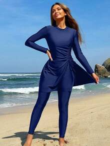 Swim  Set de 2 piezas de burkini para mujer, top tipo camiseta de unicolor con cordón y pantalones, ropa de baño árabe para playa de verano - Azul marino - Ver 6