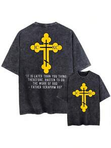 Camiseta Negra Holgada Lavada Estilo Vintage Unisex con Estampado de Frases Religiosas y Cruz, Inspiración Cristiana, Padre Serafín Ross, Cruz Ortodoxa, 100% Algodón, Cuello Redondo, Manga Corta, Casual, para Hombre, Verano - Negro - Ver 4