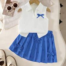 Girls' V-Neck Ribbed Knit Tank Top + Striped Butterfly Print Skirt 2Pcs Set, Suitable For Daily Wear, Outdoor Activities And Events, Spring/Summer - Royal Blue - View 6