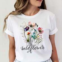 Camiseta de Mujer con Estampado Floral, Diseño de Flores Silvestres, Estilo Boho, Ropa Casual de Inspiración Natural, Algodón Suave, Ajuste Cómodo - Blanco - Ver 1