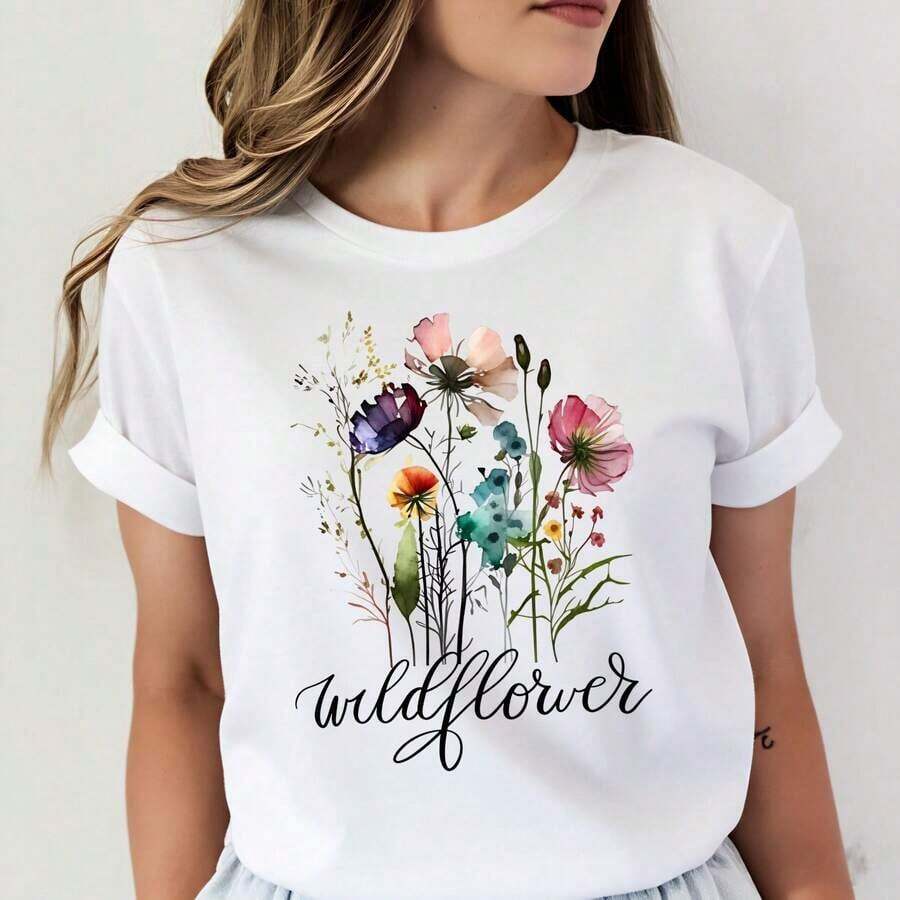 Camiseta de Mujer con Estampado Floral, Diseño de Flores Silvestres, Estilo Boho, Ropa Casual de Inspiración Natural, Algodón Suave, Ajuste Cómodo - Blanco - Ver 1