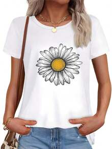 Camiseta casual de primavera/verano para mujer, de manga corta y cuello redondo, con estampado de margaritas blancas en el centro y centro de flor amarilla.Hecho de tela transpirable y lavable, adecuado para comodidad durante todo el año. - Blanco - Ver 2