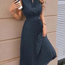 Clasi Swiss Dot Tie Neck Pleated Hem Dress Maxi Women Outfit - Azul Marino - Ver 7