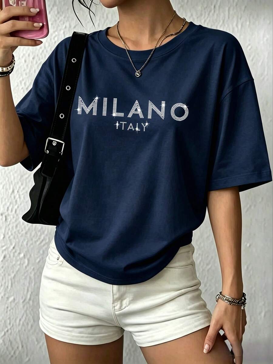 Playera Casual Oversize Mujer "Milano Italy" - Azul Marino con Letras de Strass Brillantes - Azul Marino - Ver 1