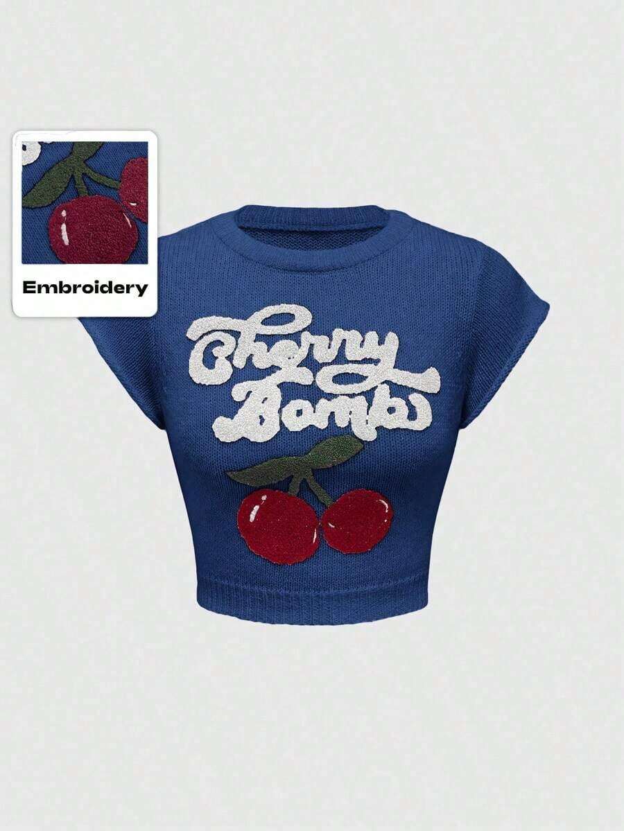 Chaleco de punto para mujer, estilo universitario, lindo e inocente, con bordado de cerezas, cuello redondo y mangas de murciélago. - Azul - Ver 1