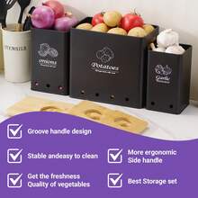 3 PiecesBlack Metal Vegetable Storage Set With Bamboo Lids - Stackable Potato, Onion & Garlic Containers For Kitchen Organization - Black - View 5