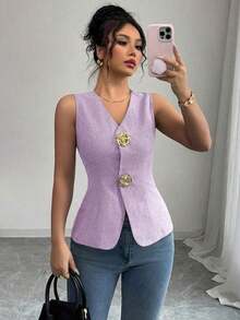 Blusa exterior con cuello en V ajustada con decoración de botones dorados con rosas - Morado - Ver 7