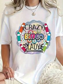Impresión de letras eleganteWo Crazy Bingo Lady Bingo Caller Graphic T-Shirt - Spandex Blend Short Sleeve Crew Neck Tee With Bingo Number & Letter, Machine Washable Casual Top For Bingo Parties & Casual Attire,ropa de mujer holgada,un imprescindible para las vacaciones,disfraces y accesorios de Halloween,Camisetas de apoyo al Mundial,Conjuntos a juego para padres e hijos, camisetas para hombre, camisetas para mujer, camisetas para niños - Blanco - Ver 7