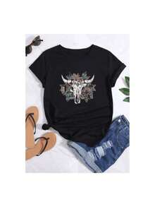 Camiseta de mujer con estampado gráfico de hojas de cabeza de vaca, Camiseta deportiva de manga corta informal y holgada - Negro - Ver 6