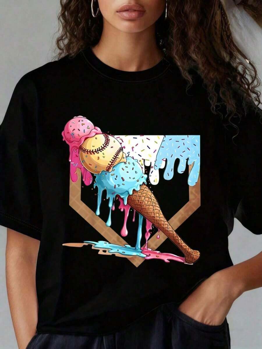 Camiseta Casual de Mujer con Cuello Redondo y Manga Corta, Estampada con Gráficos de Béisbol, Helado y Cono, Camiseta de Moda Casual de Verano para Mujer, Adecuada para Fiestas de Navidad, Actividades Deportivas, Fiestas de Vacaciones, Salidas, Deportes y Otros Regalos Festivos (220g). - Negro - Ver 1