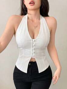 Parte superior de halter elástica de mezclilla sin mangas sexy para mujer, corsé azul, blusas de mujer para brunch, blusas de verano lindas, top de corsé azul - Blanco - Ver 3