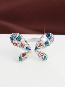 1pc Adjustable Butterfly Shaped Ring With Artificial Zirconia Stones, Fresh Countryside Style - Multicolor - View 5