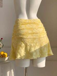 Minifalda acampanada fruncida con estampado de lunares para el verano - Amarillo 2 - Ver 2