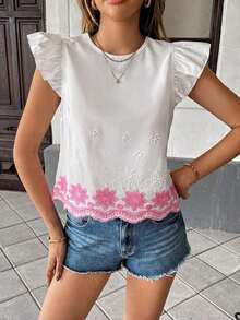 Blusa de verano casual de vacaciones con bordado floral y volantes en las mangas - Rosa - Ver 8