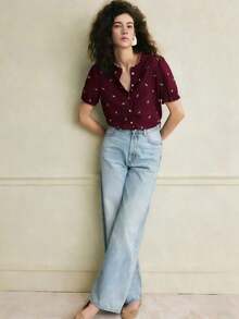 Camisa azul de mujer con cuello con volantes, mangas de pétalos y textura de tela suave, estilo francés casual de vacaciones, primavera/verano - Burdeos 2 - Ver 6