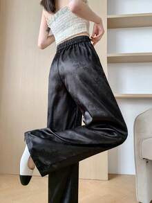 Women's New Chinese Style Jacquard Wide-Leg Pants, High-Waisted Decorative Button Straight Leg Elegant Casual Black Trousers Vacation - Black - View 2