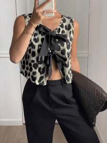 Camisa casual con nudo delantero con estampado de leopardo para mujer - Gris - Ver 3
