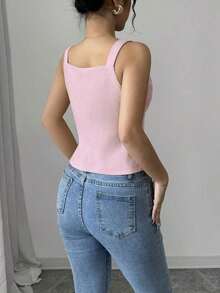 Camiseta sin mangas de un solo pecho de unicolor casual para mujer - Rosa - Ver 2