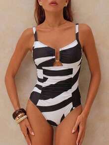 Swim Chiccia Nuevo traje de baño de una pieza elegante de unicolor, exquisito, para mujeres, para playa, natación y spa, temporada primavera/verano 2026 - Blanco y Negro - Ver 4