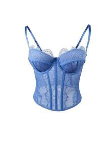 1 pieza Parte superior corta ajustada con adorno de encaje para mujer, top corset ajustado y sexy, adecuado para fiesta, viaje, reunión, Navidad, San Valentín, verano casual negro - Azul - Ver 5