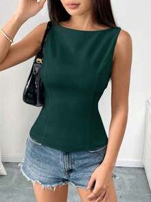 Camisa sin mangas con lazo en la espalda de unicolor, elegante, casual, sexy y minimalista para uso en la oficina y negocios para mujeres, primavera/verano - Verde Oscuro - Ver 4