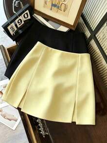 Falda casual versátil de cintura baja con abertura, falda gris, falda A-line de doble capa con bajo con abertura, falda casual de mujer, mini falda, falda corta ajustada de cintura alta con abertura, falda casual versátil para uso diario, r - Amarillo claro - Ver 4