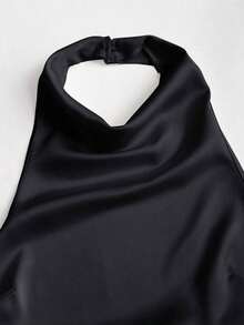 Camiseta sin espalda con lazo, de satén de unicolor, con drapeado halter elegante - Negro - Ver 4