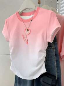 Camiseta ajustada de manga con volantes en degradado con estampado de corazón de fresa y letras, para uso casual, vacaciones y viajes, verano - Multicolor 3 - Ver 1
