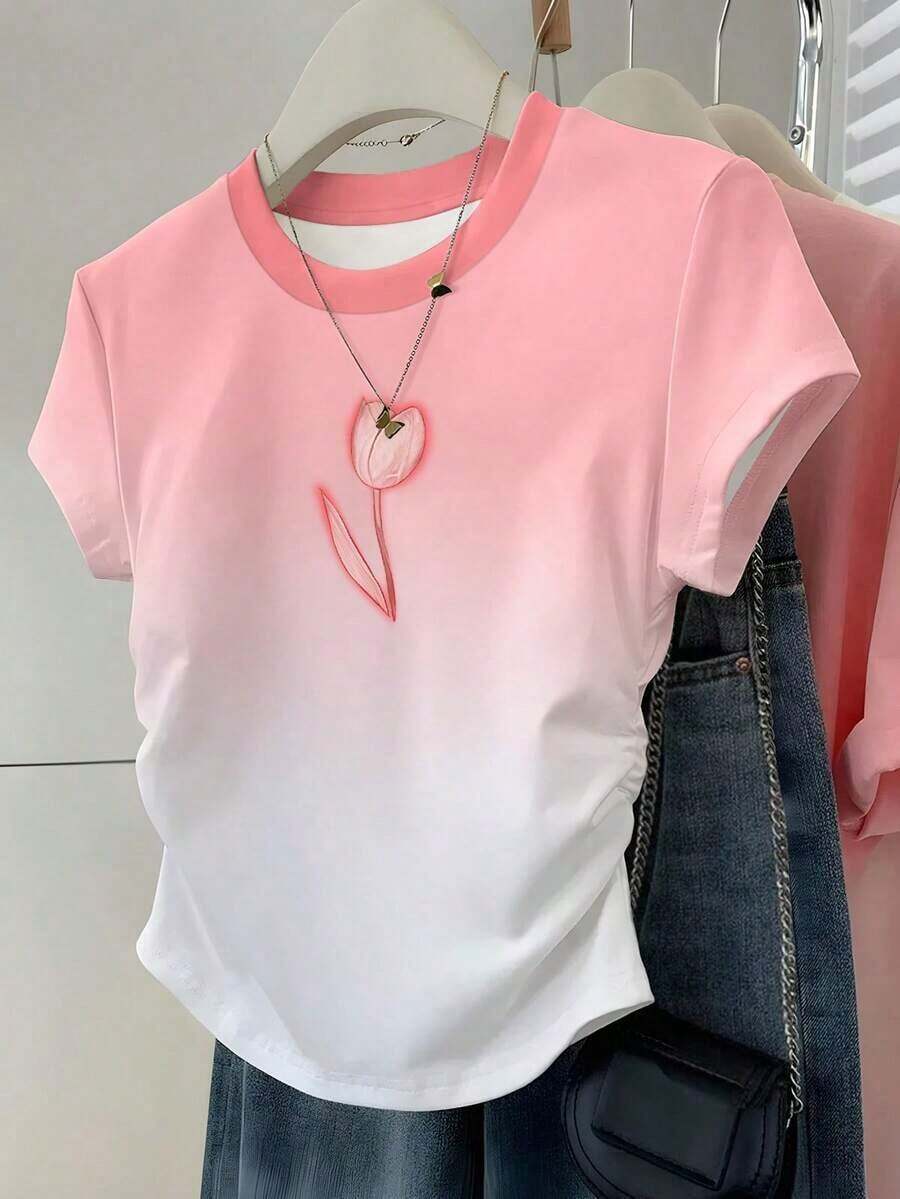 Camiseta ajustada de manga con volantes en degradado con estampado de corazón de fresa y letras, para uso casual, vacaciones y viajes, verano - Multicolor 3 - Ver 1