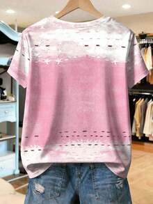Camiseta de mujer con cuello redondo y manga corta con estampado floral sintético, cómoda para uso casual diario - Rosa - Ver 2