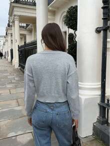 Nuevo cárdigan corto de manga larga de punto para mujer de cuello redondo y abotonadura sencilla en color albaricoque, de estilo retro, para primavera y otoño.Prenda de vestir casual minimalista y versátil, adecuada para el uso diario. - ceniza de flor - Ver 4