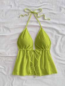 Blusa sin mangas con cuello halter y lazo en la espalda, adecuada para el verano - Verde - Ver 3
