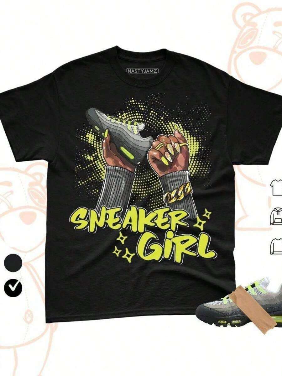 95 Big Bubble Amarillo Neón Negro Cool 2026 OG Match, Camiseta Gráfica Estilo Urbano con Diseño de Zapatillas Deportivas para Chicas, Camiseta Casual Unisex - Blanco - Ver 1