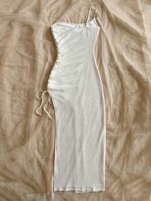 Vestido de mujer con textura de gofre tejido, diseño ajustado con abertura y cordón, adecuado para fiesta, cita, sexy, té de la tarde, playa, verano, festival de música, temporada de bodas - Albaricoque - Ver 2