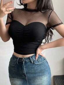 Blusa de manga corta con parches de malla a lunares para mujer - Negro 2 - Ver 1