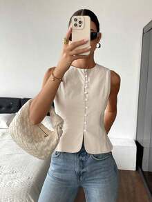Camisas sin mangas de unicolor de tela texturizada con abotonadura, para verano - Albaricoque - Ver 1