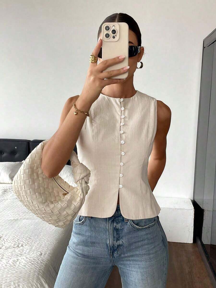 Camisas sin mangas de unicolor de tela texturizada con abotonadura, para verano - Albaricoque - Ver 1